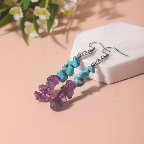 ✨🆕✨ Bohemian Purple Amethyst & Turquoise Natural Stone Ear Hook Earrings ✨ - Picture 4 of 13